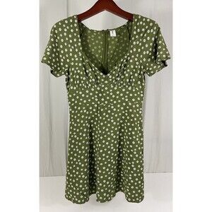 ABOUND Dress Fit & Flare Short Sleeve Green White Daisies V Neck Womens Skater M